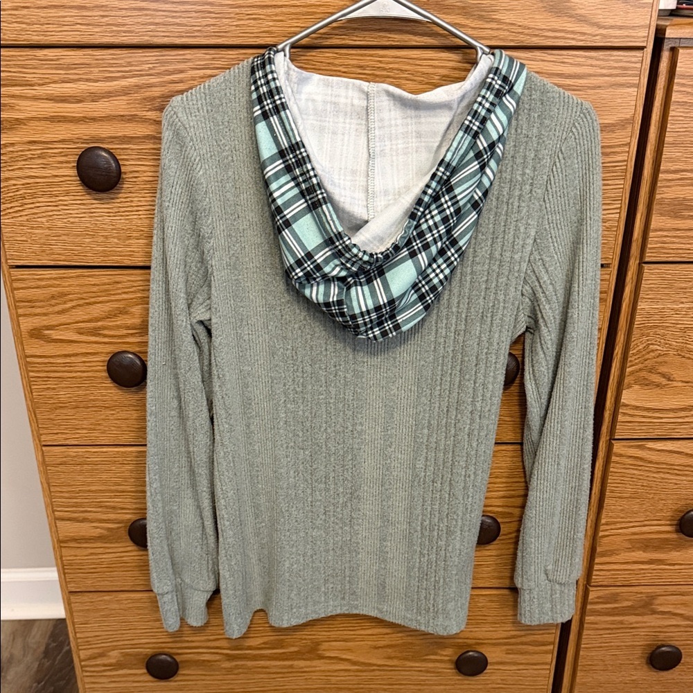 Green hoodie with Plaid Accent - Picture 2 of 3